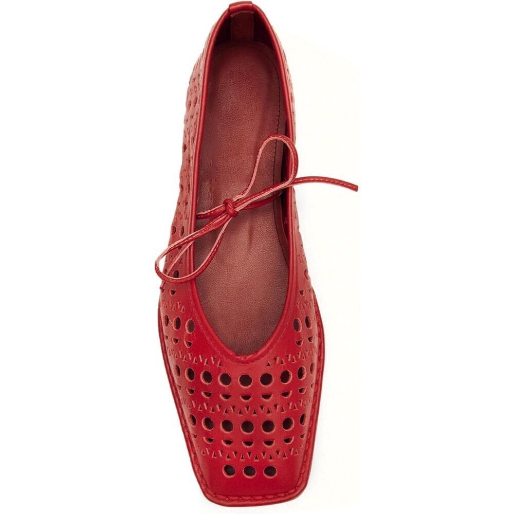 Women Slit-red Faux Leather Square Toe Lace Up Ballerina Ballet Slip On Flats